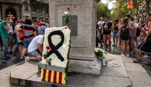  A shield of flowers   deposited at the Ramblas in Barcelona to commemorate those killed in the 2017 terrorist attack. Photograph:  Paco Freire/SOPA Images/LightRocket via Getty Images