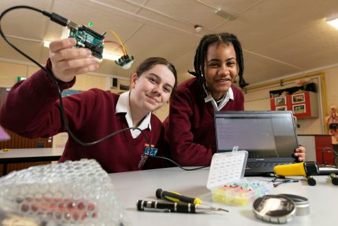 YOUNG SCIENTISTS: Saoirse Brine and Elizabeth Bizerra, from Coláiste Naomh Mhuire, Naas, with their project for the 2022 BT Young Scientist & Technology Exhibition. Photograph: Fennell Photography
