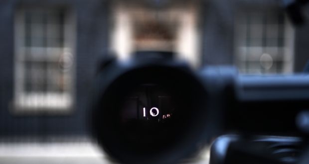 A camera lens focuses on the door of 10 Downing Street in London, Britain, as Boris Johnson faces calls to resign. Photograph: Andy Rain/EPA