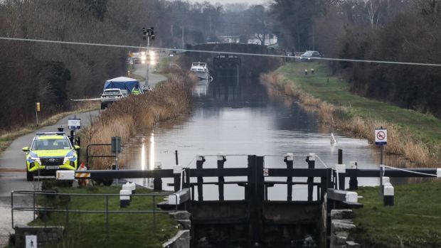 Gardaí at the Grand Canal in Tullamore, Co Offaly, where Ashling Murphy was murdered on Wednesday evening. Photograph: PA