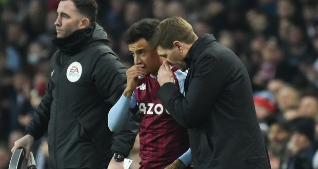Aston Villa’s manager Steven Gerrard gives instructions to Philippe Coutinho before coming on at Villa Park. Photograph: Rui Vieira/AP
