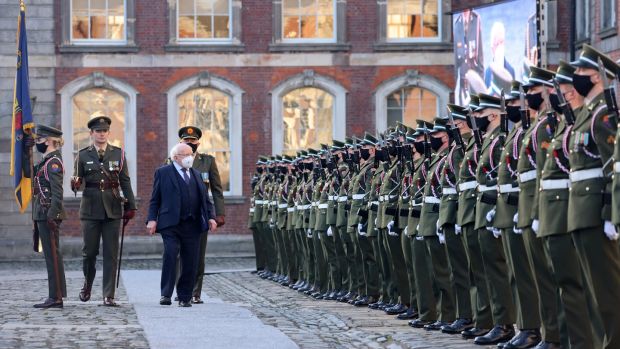 President Michael D Higgins inspects the Guard of Honour 3 Infantry Battalion at the State ceremony marking the handover of Dublin Castle exactly 100 years ago. Photograph: Dara Mac Dónaill