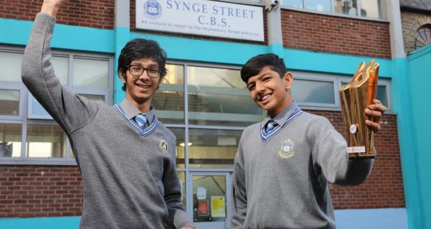 The winners of the  BT Young Scientist & Technology Exhibition,   Aditya Joshi, aged 15 (left) and Aditya Kumar, aged 16 (right),  students at  Synge Street, Dublin, took  home the top prize for a project entitled A New Method of Solving the Bernoulli Quadrisection Problem. Photograph:  Chris Bellew / Fennell Photography