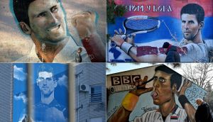 A mural depicting Serbian tennis player Novak Djokovic, painted on the wall of a primary school in Belgrade. Photograph: Getty Images