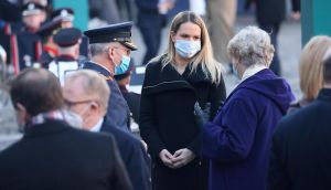 Minister for Justice Helen McEntee, former minister Nora Owen and Garda Commissioner Drew Harris at the State commemoration on Sunday to mark the centenary of the handover of Dublin Castle. Photograph: Dara Mac Dónaill