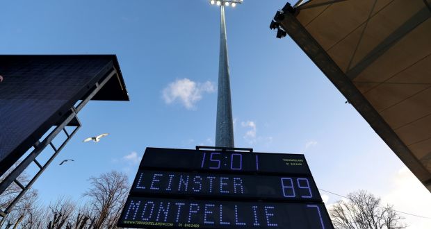 The scoreboard at the RDS tells the sorry story for  Montpellier following their crushing defeat to Leinster in the Champions Cup. Photograph: James Crombie/Inho 
