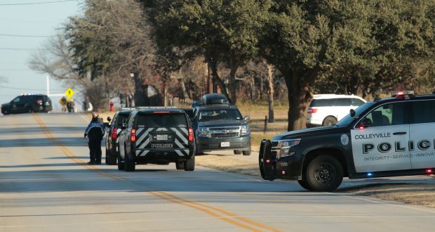 Police in Texas carry out an investigation to the hostage incident at Congregation Beth Israel Synagogue in Colleyville on Sunday. Photograph: EPA