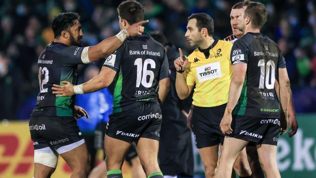 Referee Mathieu Raynal talks to Bundee Aki following Leicester’s late winning try against Connacht at The Sportsground in Galway. Photograph: Billy Stickland/Inpho