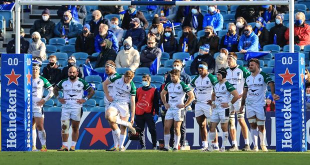 Montpellier players under the posts after conceding a try in their 89-7 defeat to Leinster. Photograph: Billy Stickland/Inpho