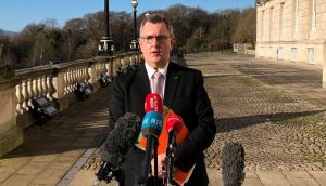 DUP leader Jeffrey Donaldson speaks to the media about the  move to reintroduce dual mandate. Photograph: David Young/PA Wire