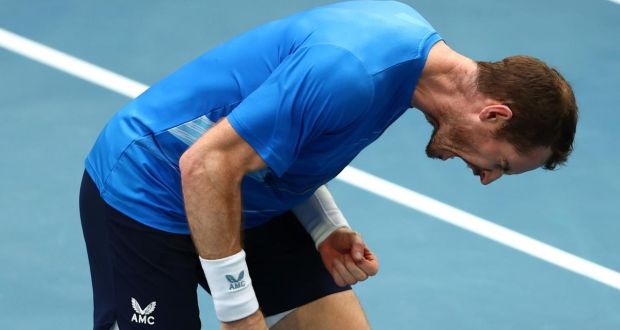 Andy Murray celebrates his five-set win over Nikoloz Basilashvili. Photograph: Clive Brunskill/Getty
