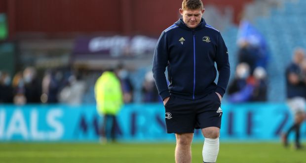  Tadhg Furlong with his left calf strapped up after the Heineken Champions Cup game against Montpellier at the RDS. The tighhead prop went off injured after six minutes of the game. Photograph: James Crombie/Inpho