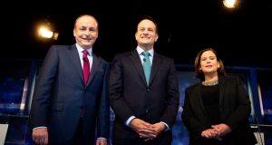 Fianna Fáil leader Micheál Martin,  Fine Gael leader (and then-taoiseach) Leo Varadkar and Sinn Féin leader Mary Lou McDonald at the Prime Time leaders’ debate ahead of the 2020 general election. “If there were to be a coalition involving Sinn Féin, their ministers or candidate for taoiseach would not be chosen by their elected members of the Dáil.”  Photograph: Tom Honan