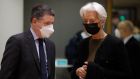 Eurogroup president Paschal Donohoe and Christine Lagarde, president of the European Central Bank: The  extension on access to UK clearing houses is double the  period Brussels had set aside to prepare after Britain left the single market. Photograph: Olivier Hoslet/EPA