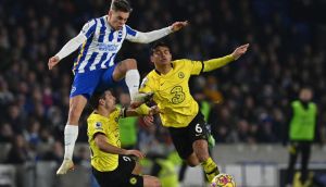 Chelsea defenders Cesar Azpilicueta  and  Thiago Silva collide as Brighton’s Leandro Trossard tries to control the ball during the  Premier League  match at the American Express Community Stadium in Brighton. Photograph:  Glyn Kirk/AFP via Getty Images