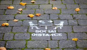 A social distancing marker on the pavement in Dublin. Photograph: Patrick Bolger/Bloomberg