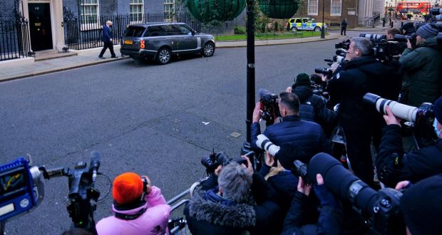 The media in attendance as British prime minister Boris Johnson leaves 10 Downing Street to attend prime minister’s questions at the Houses of Parliament. Photograph: PA