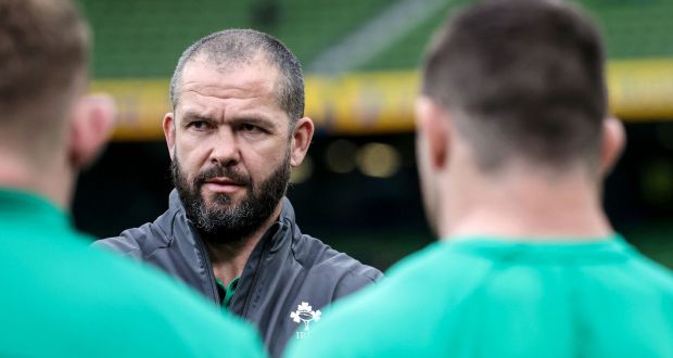Andy Farrell speaks to the players before the Ireland v New Zealand game at Aviva Stadium on November 13th. Photograph: Dan Sheridan/Inpho