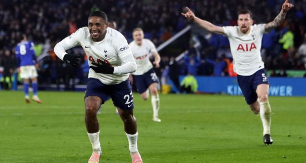 Tottenham Hotspur’s Steven Bergwijn celebrates scoring his second goal and his  team’s third goal to complete a comeback win over Leicester City in the Premier League game at the King Power Stadium. Photograph: Geoff Caddick/AFP via Getty Images