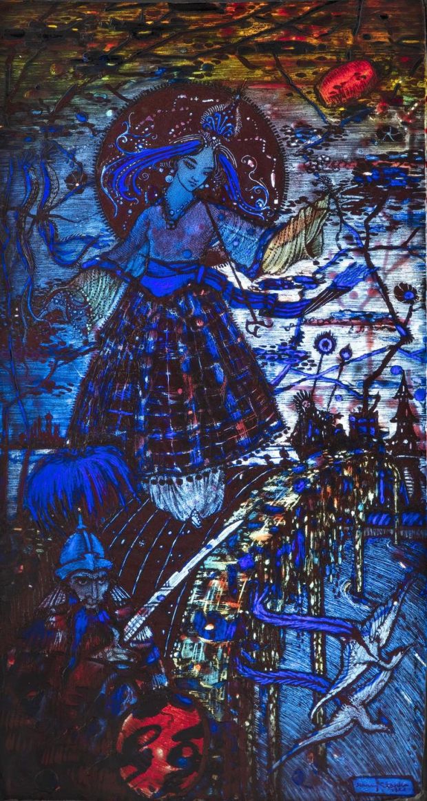 Harry Clarke (1889-1931). Bluebeard’s Last Wife, 1921, stained glass panel, 28 x 14.5cm. Image courtesy of Adams Auctioneers.