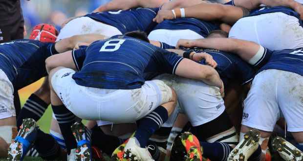 The Leinster scrum prepares to set during the Heineken Champions Cup round  three game against Montpellier at the RDS. Photograph: Billy Stickland/Inpho