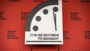 The  Doomsday Clock’s time for 2022 is unveiled  in Washington, DC, US. Photograph: The Hastings Group/AFP via Getty Images