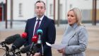 First Minister Paul Givan and deputy First Minister Michelle O’Neill speaking at Ebrington Square in Derry after their Executive meeting. Photograph: Kelvin Boyes/Press Eye/PA Wire