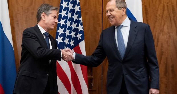 US secretary of state Antony Blinken and Russian foreign minister Sergei Lavrov shake hands before their  high-stakes talks on Ukraine. Photograph: Alex Brandon/Pool/AFP via Getty Images