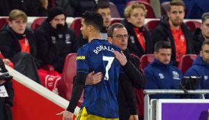 Not happy: Cristiano Ronaldo as he is substituted by manager Ralf Rangnick  during the league match against Brentford on Wednesday, which United won 1-3.  File photograph: PA 