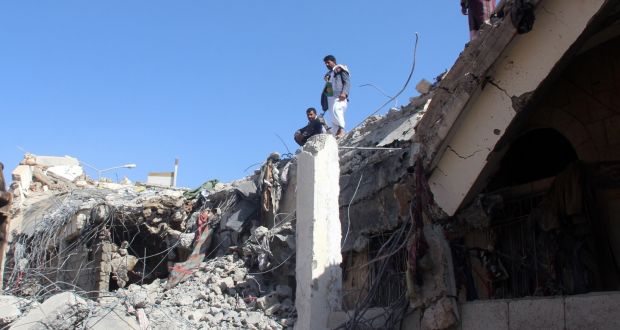 Yemenis inspect the site of Saudi-UAE-led airstrikes which hit a prison in the northern province of Saada in Yemen. Photograph: EPA/STR