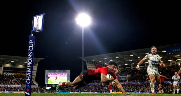 Ulster’s Robert Baloucoune scores a try against Clermont during the  Champions Cup clash at  Kingspan Stadium, Belfast. Photograph:  Billy Stickland/Inpho 