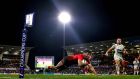 Ulster’s Robert Baloucoune scores a try against Clermont during the  Champions Cup clash at  Kingspan Stadium, Belfast. Photograph:  Billy Stickland/Inpho 