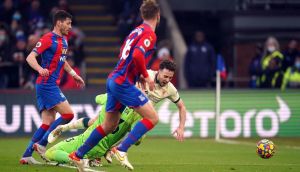 Liverpool’s Diogo Jota earned a late penalty through VAR against Crystal Palace. Photograph: Adam Davy/PA