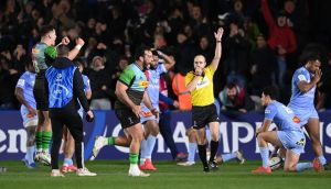 Mike Adamson made a controversial decision to award ‘Quins their winning try with the last score of the game. Photograph:  Alex Davidson/Getty Images