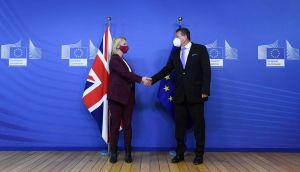 UK foreign secretary Liz Truss and European Commission vice-president Marcos Sefcovic before to their bilateral meeting in Brussels. Photograph: John Thys/AFP via Getty