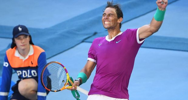  Spain’s Rafael Nadal celebrates winning his  quarter-final match against Canada’s Denis Shapovalov at the  Australian Open in Melbourne. Photograph: William West/AFP via Getty Images