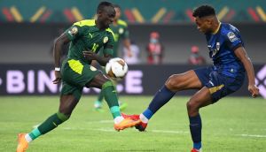 Senegal forward Sadio Mane is challenged by Cape Verde defender Steven Fortes during the Africa Cup of Nations  round of 16  match  at Stade de Kouekong in Bafoussam. Photograph: Pius Utomi Ekpei/AFP via Getty Images