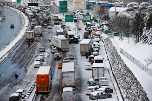 EUROPEAN FREEZE: Hundreds of cars and trucks are blocked from moving on a main road at Istanbul, Tuesday. Rescue crews in Istanbul and Athens scrambled to clear throughways that came to a standstill after a massive cold front and snow storms hit Turkey and Greece, leaving countless people and vehicles stranded overnight in freezing conditions. Photograph: Emrah Gurel/AP Photo

