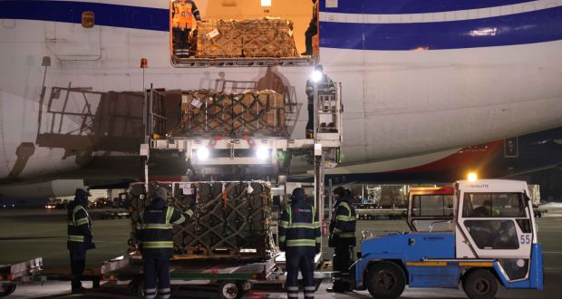 Ground crew unload weapons and other military hardware delivered by the US  at Boryspil airport near Kyiv on January 25th, 2022. Photograph:  Sean Gallup/Getty Images