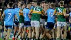 Dublin and Kerry players scuffling at the end  of a Division 1 league match at Croke Park in January 2020. Photograph: Bryan Keane/Inpho