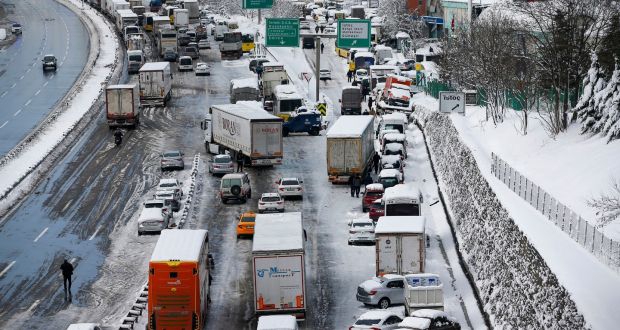 Hundres of cars and trucks blocked on a main road in Istanbul on Tuesday. Photograph: Emrah Gurel/AP Photo