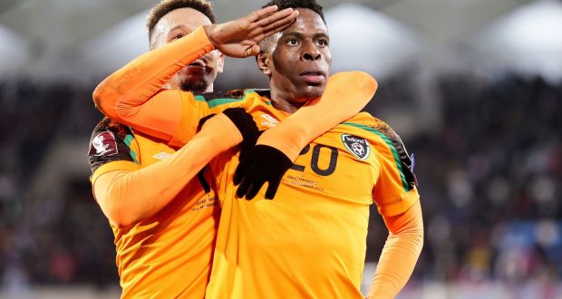 Ireland’s Chiedozie Ogbene celebrates scoring a goal against Luxembourg with Callum Robinson in Stade de Luxembourg in a World Cup qualifying match. Photograph: Laszlo Geczo/Inpho