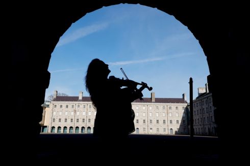 TRAD FESRT: Renowned fiddler Niamh Ní Charra warming up before performing at the opening session of Trad Fest Temple Bar 2022, at Collins Barracks, the start of 70 concerts by over 200 artists in the next five days. Photograph: Alan Betson/The Irish Times

