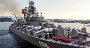 The Russian  missile cruiser Marshal Ustinov. It was among a number of large Russian warships  spotted this week  sailing towards Ireland ahead of the planned naval exercise. Photograph: Russian Defence Ministry Press Service via AP