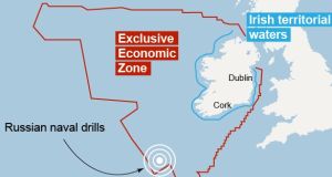 The naval drills are being undertaking outside Ireland’s sea territory but within the State’s exclusive economic zone (EEZ) about 240km off the coast of west Cork
