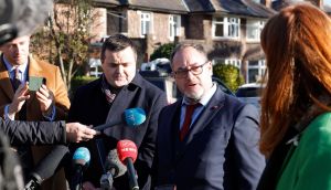Brendan Byrne of the Irish Fish Processors and Exports Association (left) and Patrick Murphy of the Irish South and West Fish Producers Organisation speaking to the media outside the Russian Embassy in Dublin after their meeting with the Russian ambassador Yury Filatov. Photograph: Alan Betson 