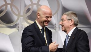 Gianni Infantino and Thomas Bach had shown that while sport  may be politics, sport simply does not care. Photograph: Fabrice Coffrini/Getty Images 