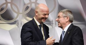 Gianni Infantino and Thomas Bach had shown that while sport  may be politics, sport simply does not care. Photograph: Fabrice Coffrini/Getty Images 
