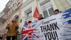 Activists outside the British embassy in Kiev  express their thanks to Britain for supplying the Ukraine with weapons and for supporting the country  while Russian troops mass   near the Ukrainian border. Photograph: Sergey Dolzhenko/EPA