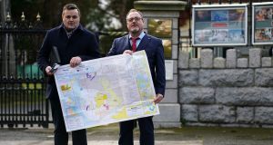 Brendan Byrne (left)of the Irish Fish Processors and Exporters Association and Patrick Murphy, of the Irish South and West Fish Producers Organisation   outside the Russian Embassy in Dublin.  Photograph:   Brian Lawless/PA Wire